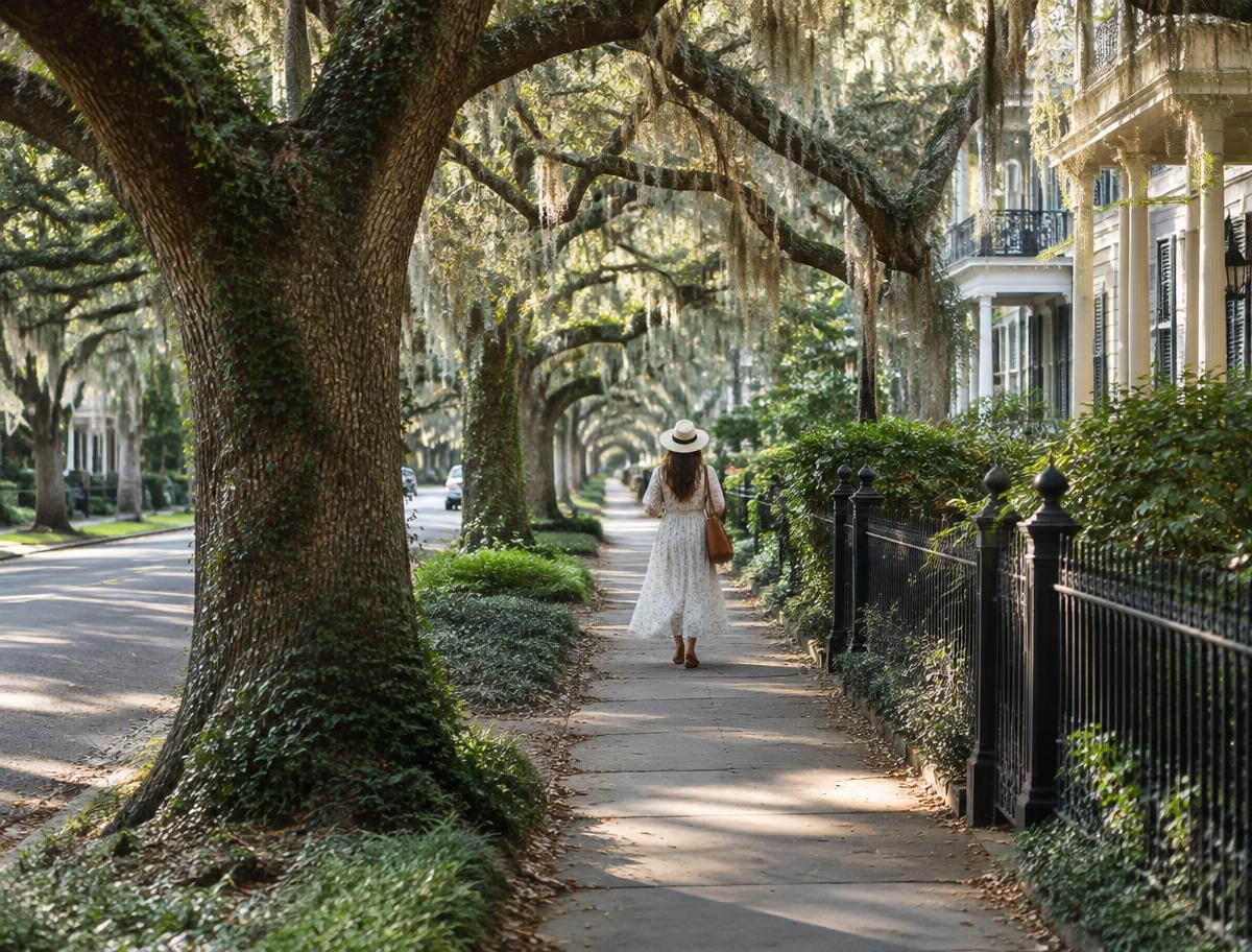 Person walking under live oaks on a New Orleans street